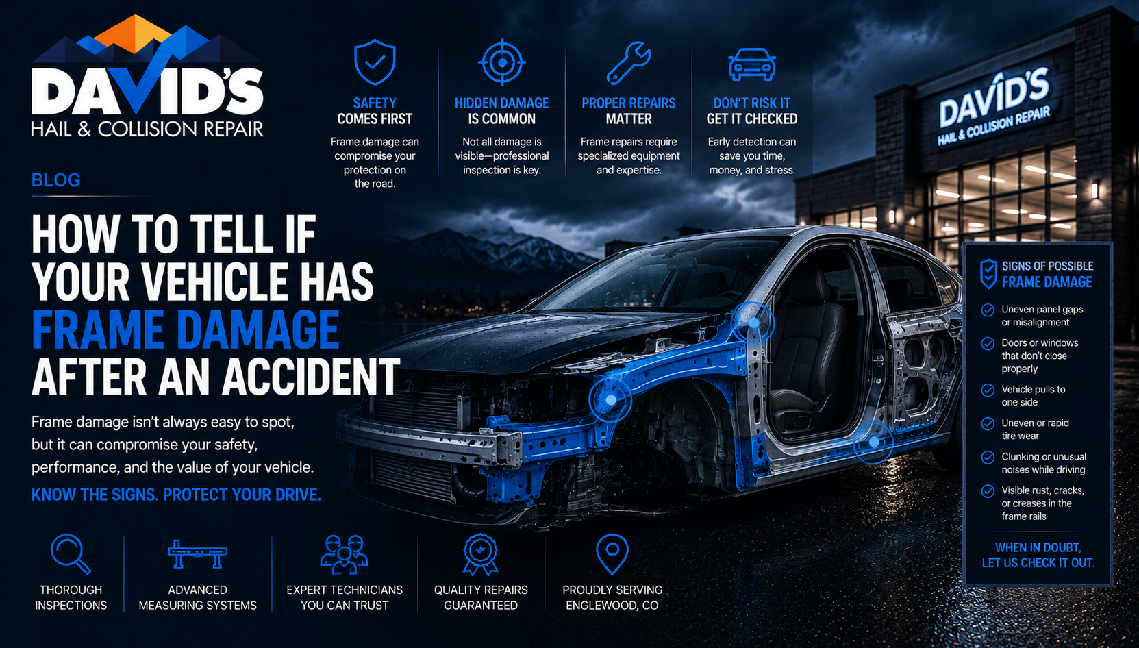 Vehicle frame damage inspection diagram from David's Hail and Collision Repair in Englewood CO