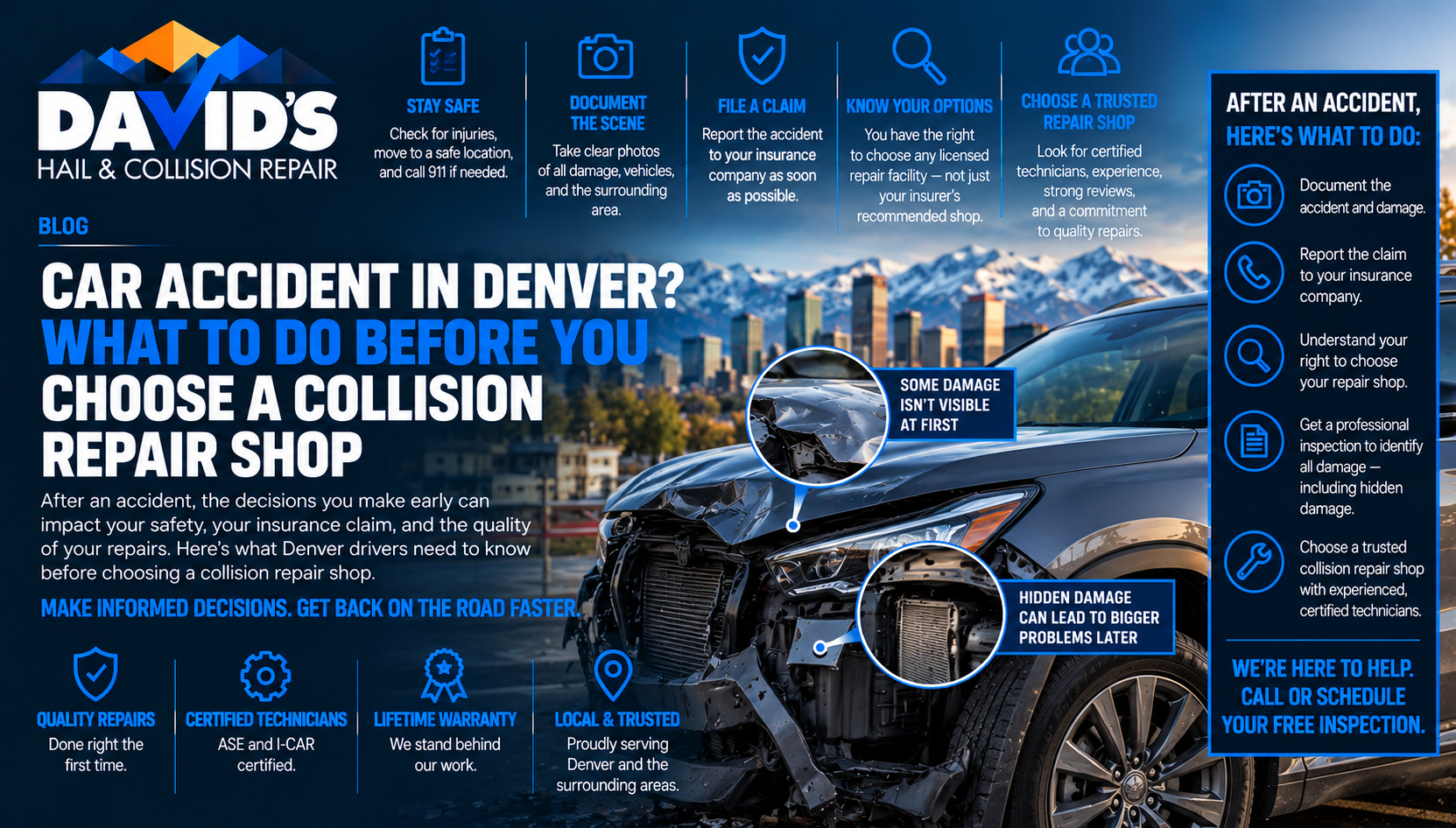 David's Hail and Collision Repair blog graphic titled Car Accident in Denver, What to Do Before You Choose a Collision Repair Shop, showing zoomed-in callouts of hidden front-end collision damage on a wrecked car with the Denver skyline and mountains in the background
