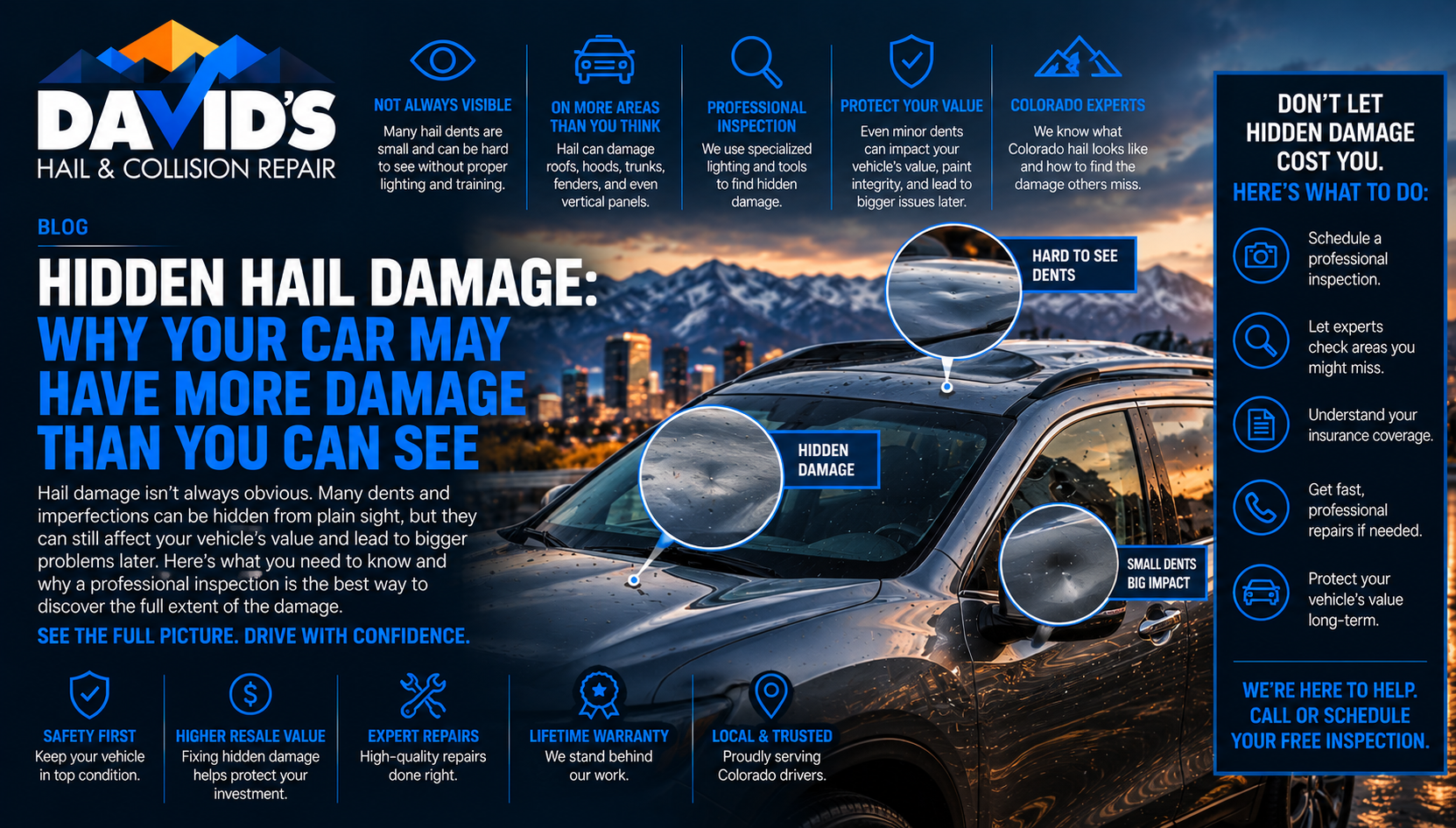 David's Hail and Collision Repair blog graphic titled Hidden Hail Damage, Why Your Car May Have More Damage Than You Can See, showing zoomed-in callouts of hard-to-see hail dents on an SUV's roof, hood, and mirror at dusk with the Denver skyline and mountains in the background