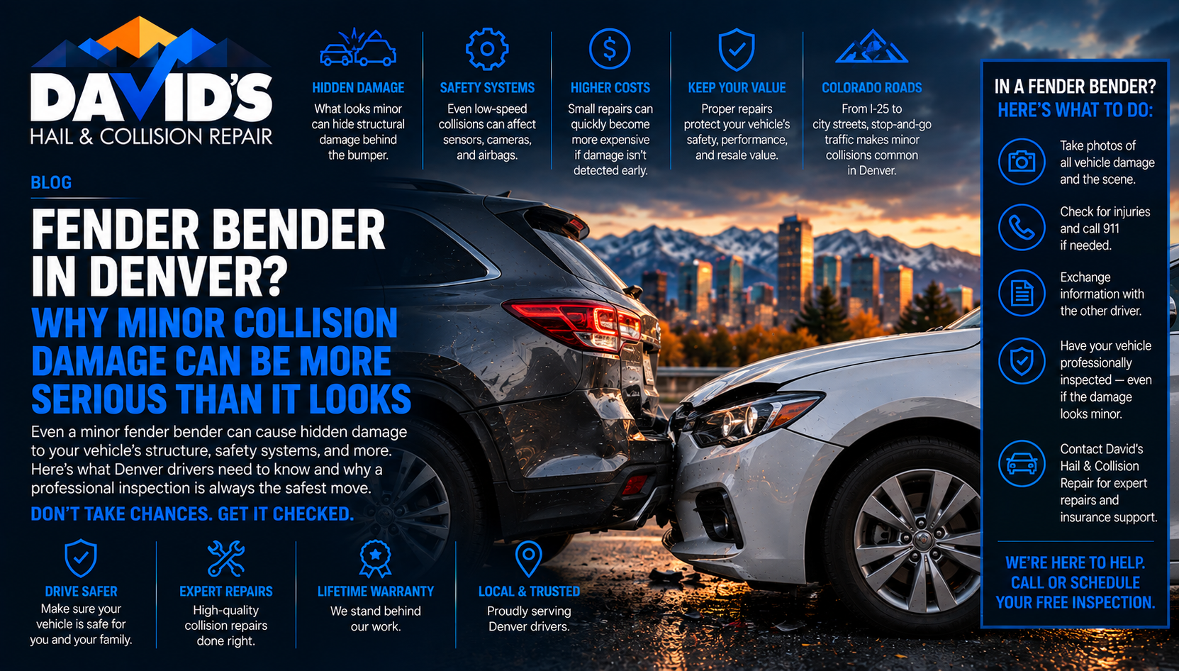 David's Hail and Collision Repair blog graphic titled Fender Bender in Denver, Why Minor Collision Damage Can Be More Serious Than It Looks, showing two collided vehicles at dusk with the Denver skyline and mountains in the background, covering hidden damage, safety systems, and higher repair costs