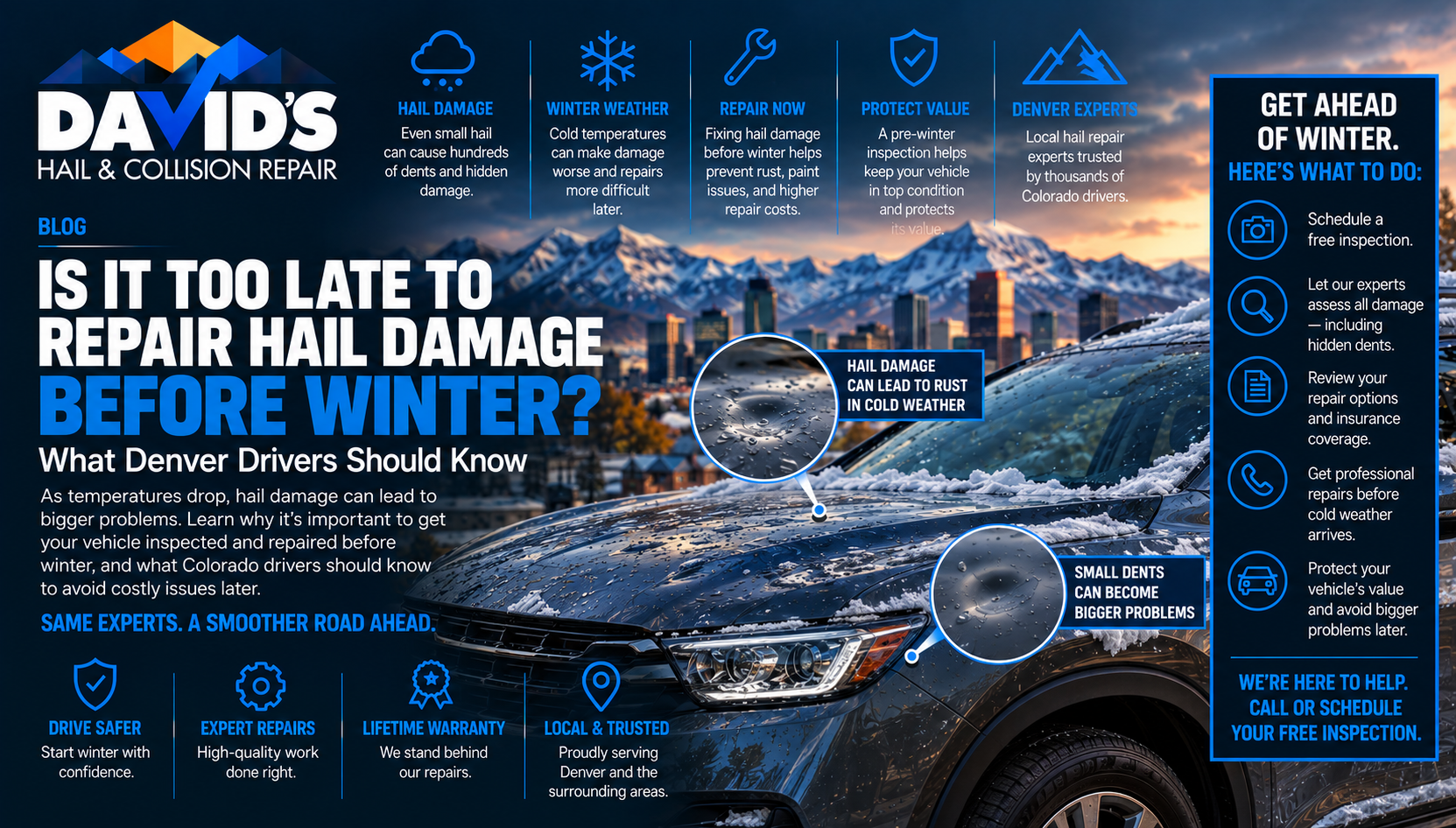 David's Hail and Collision Repair blog graphic titled Is It Too Late to Repair Hail Damage Before Winter, What Denver Drivers Should Know, showing zoomed-in callouts of hail dents on a snow-dusted SUV with the Denver skyline and mountains in the background