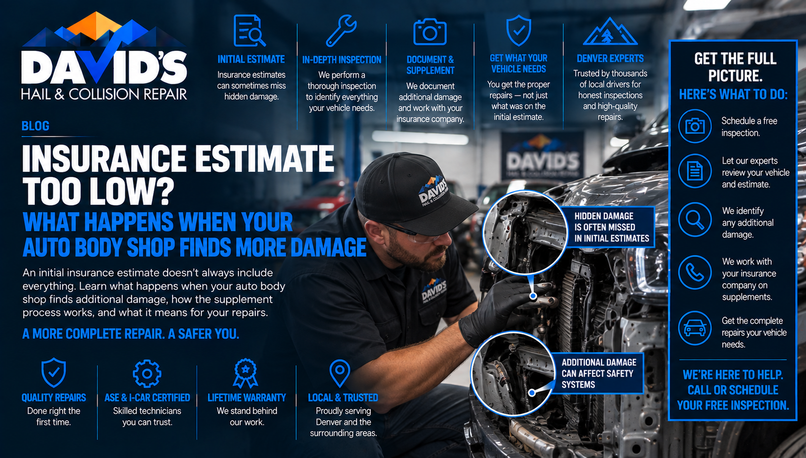 David's Hail and Collision Repair blog graphic titled Insurance Estimate Too Low, What Happens When Your Auto Body Shop Finds More Damage, showing a technician inspecting hidden collision damage on a vehicle in the repair shop with zoomed-in callouts